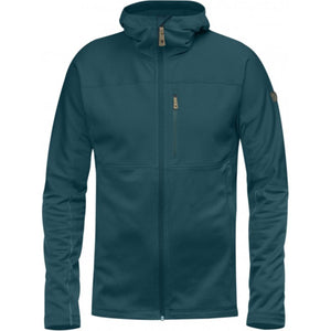 FjallRaven dark teal hooded fleece jacket with full zip and chest pocket