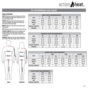 ActionHeat 5V outerwear size chart for men women unisex and youth with measurement instructions