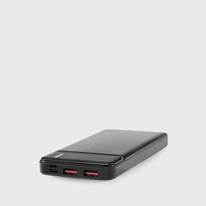 Black portable power bank with USB and USB-C ports