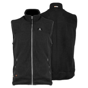 Mobile Warming black fleece vest showing front and back views