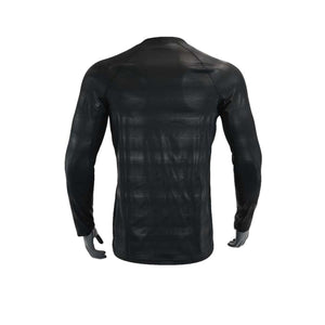 Back view of a black Seirus long sleeve base layer shirt with a subtle chevron pattern
