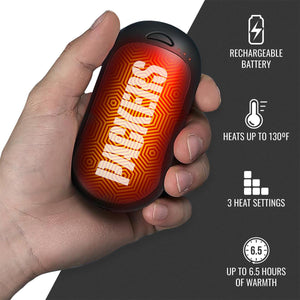 ActionHeat rechargeable hand warmer with features listed including 130 degree heat and 6.5 hour battery life