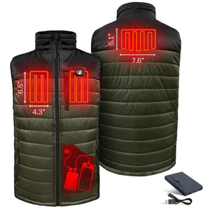 ActionHeat heated vest showing heating element dimensions and battery connection