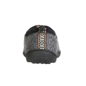 Back view of grey knit slipper with patterned heel pull tab and black rubber sole