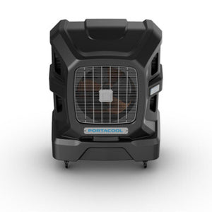 Portacool portable evaporative cooler with black housing and front fan grille