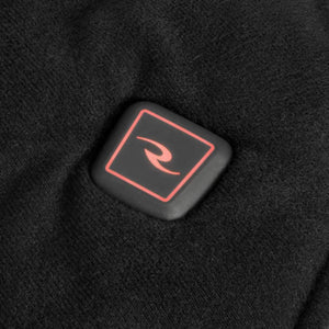 Black square power button with red R logo on black fabric