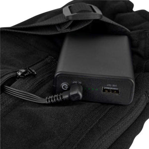 Black power bank with DC and USB ports inside a fabric pocket