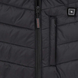 Close up of Radians black quilted vest with zipper and logo