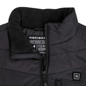 Close up of black Radians heated vest collar with care instructions label
