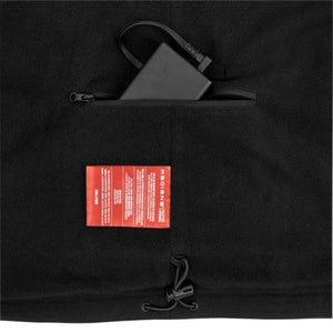 Radians heated apparel battery pack in black fleece jacket pocket with product label