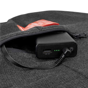 Black power bank with USB port and charging cable inside a zippered fabric pocket