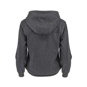 Back view of a charcoal grey hooded sweatshirt with long sleeves and ribbed cuffs
