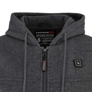 Close up of charcoal grey Radians heated hoodie with size small label and zipper pull