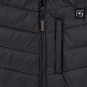 Close up of black Radians quilted vest with zipper and logo