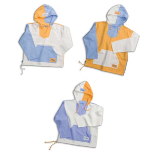 Three Ragz brand hooded pullovers in white yellow and blue color block designs