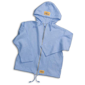 Light blue Ragz zip up hoodie with textured fabric and yellow brand labels