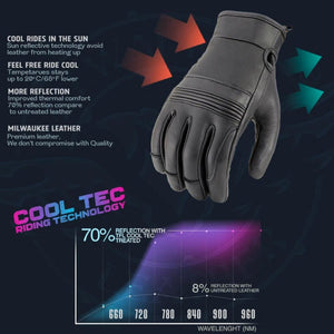 Milwaukee Leather black motorcycle glove with Cool Tec sun reflective technology chart