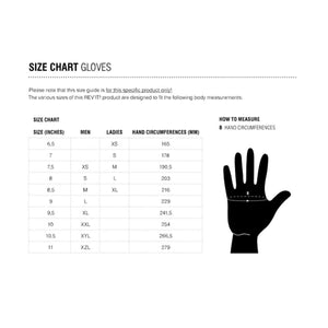REVIT glove size chart showing hand circumference measurements for men and ladies sizes