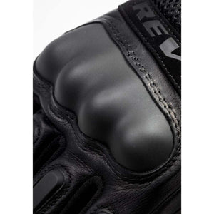 Close up of black leather REVIT motorcycle glove knuckle protector
