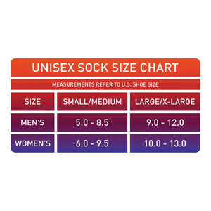 Unisex sock size chart showing US shoe size ranges for small medium and large extra large sizes