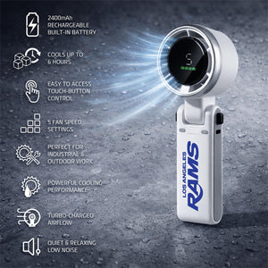 AlphaCool Los Angeles Rams handheld fan with feature list including battery life and speed settings