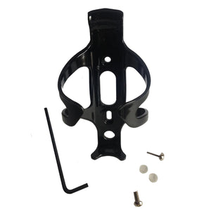 Black bicycle water bottle cage with mounting screws and hex key