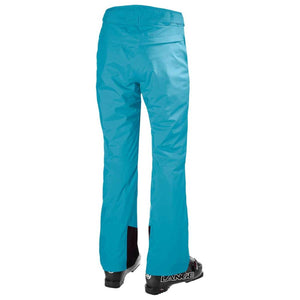 Back view of Helly Hansen bright blue ski pants with black boot gaiters