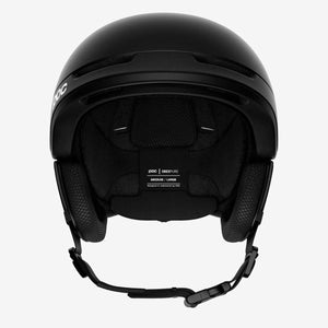 Interior view of black POC Obex Pure ski helmet with adjustable chin strap