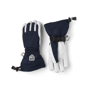 Hestra navy and white leather ski gloves with adjustable wrist straps and drawcord cuffs