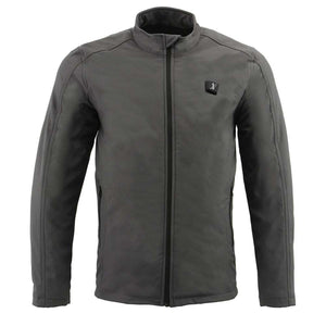 NexGen grey softshell motorcycle jacket with front zipper and stand collar