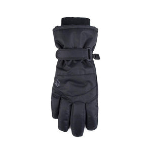 Black insulated winter glove with adjustable wrist strap and knit cuff