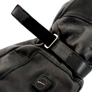 Glovii black leather heated mitten with adjustable wrist strap and power button