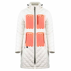 White hooded heated jacket with four glowing orange heating element zones on the chest and waist
