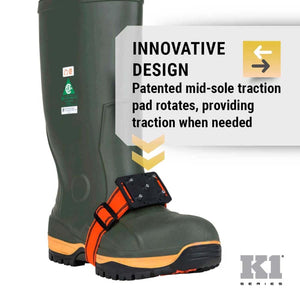K1 Series green rubber boot with orange strap and rotating mid sole traction pad