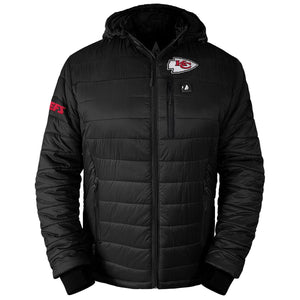 ActionHeat black hooded puffer jacket with Kansas City Chiefs logo