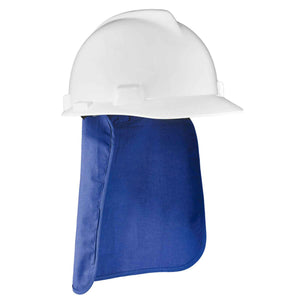 Chill-Its blue hard hat neck shade attached to a white hard hat