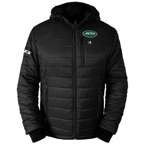 ActionHeat black hooded puffer jacket with New York Jets logo and front zipper