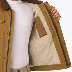 Mobile Warming tan canvas jacket with sherpa lining and interior pocket