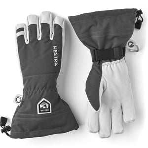 Hestra grey and white leather ski gloves with adjustable wrist straps and gauntlet cuffs