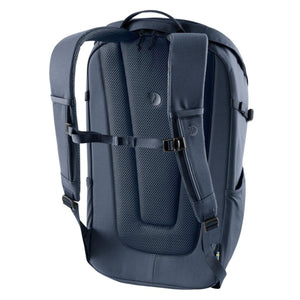 Back view of a blue FjallRaven backpack showing padded mesh straps and back panel