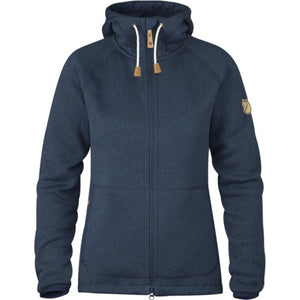 Fjallraven navy blue zip up fleece hoodie with drawstring hood and leather accents