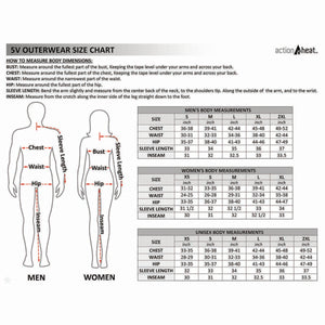 ActionHeat 5V outerwear size chart with body measurement diagrams and tables for men women and unisex sizing