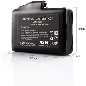 Savior Heat 7.4V 2200mAh lithium polymer battery pack with dimensions 62mm by 40mm by 13mm