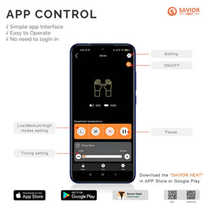 Savior Heat mobile app interface showing temperature and timer controls for heated gloves