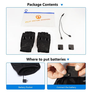 Savior heated gloves package contents including batteries and charging cable with battery installation instructions