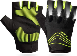 Savior fingerless cycling gloves with integrated LED lights and neon yellow accents
