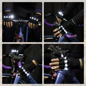 Cyclist wearing fingerless gloves with integrated LED lights on handlebars
