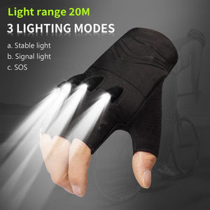 Savior Heat fingerless cycling glove with built in LED lights featuring three modes and a 20 meter light range