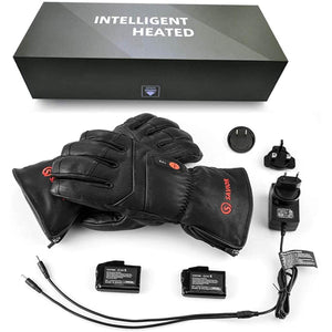 Savior Heat black leather heated gloves with batteries and wall charger in branded box