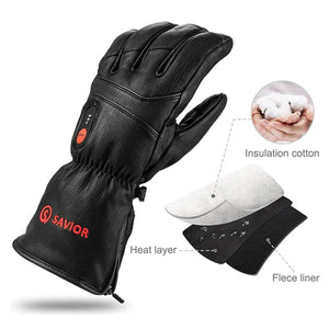 Savior Heat black leather heated glove showing insulation cotton heat layer and fleece liner construction